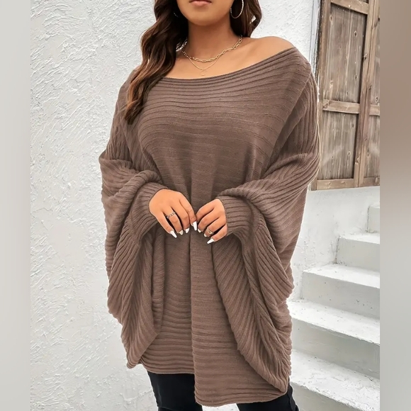 Plus Size Rib Knit Off Shoulder Batwing Sleeve Loose Fit Sweater, Women'… - Picture 3 of 17